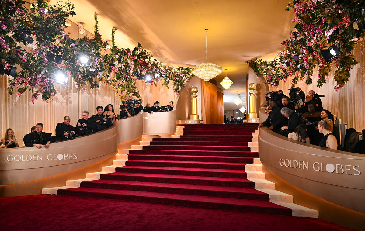 Golden Globes banner featuring Schonbek x Swarovski crystal chandeliers